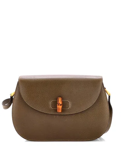 Pre-owned Gucci Vintage Convertible Bamboo Top Handle Bag Leather Medium Satchel In Green