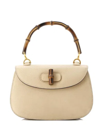 Pre-owned Gucci Vintage Convertible Bamboo Top Handle Bag Leather Small Satchel In Neutral