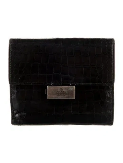 Pre-owned Gucci Vintage Crocodile-embossed Leather French Purse French Purse In Black