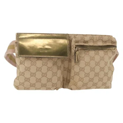 Pre-owned Gucci Vintage Double Belt Bag Gg Canvas With Leather Beige Canvas Shoulder Bag Bag () In Sand
