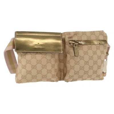 Pre-owned Gucci Vintage Double Belt Bag Gg Coated Canvas With Leather Beige Canvas Shoulder Bag Bag ( In Sand