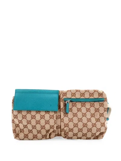 Pre-owned Gucci Vintage Double Gg Canvas With Leather Belt Bag In 蓝色