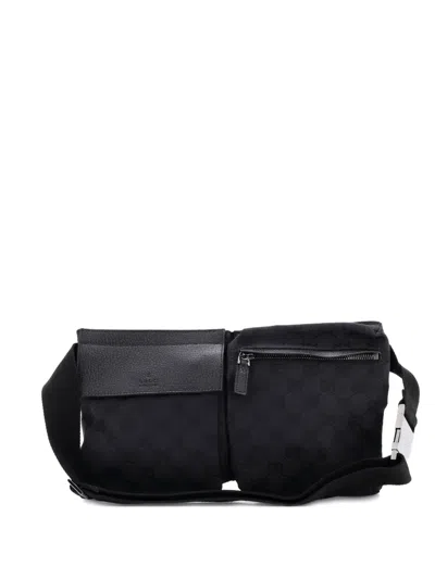 Pre-owned Gucci Vintage Double Gg Canvas With Leather Belt Bag In Black