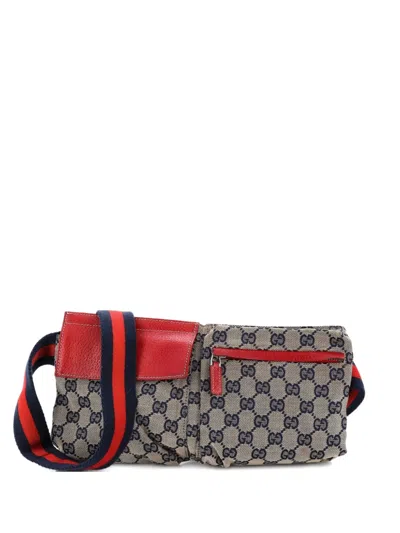 Pre-owned Gucci Vintage Double Gg Canvas With Leather Belt Bag In Brown