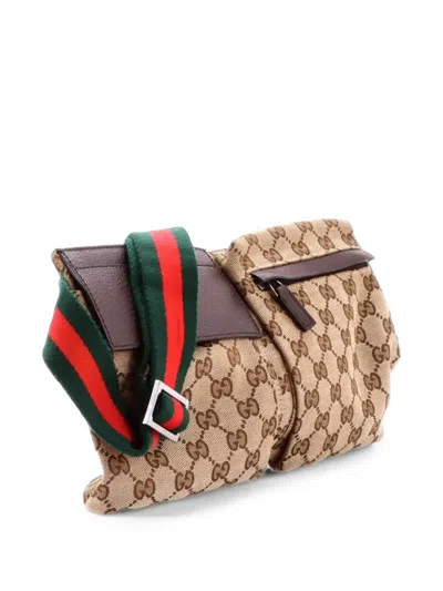 Pre-owned Gucci Vintage Double Gg Canvas With Leather Belt Bag In Brown