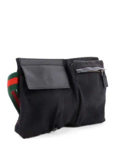 Pre-owned Gucci Vintage Double Gg Canvas With Leather Small Belt Bag In Black