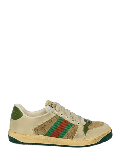 Gucci Vintage Effect White Leather And Canvas Sneakers With Green And Orange Details For Men In Beige