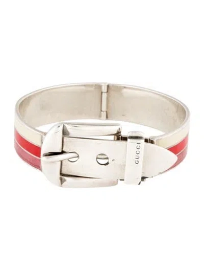 Pre-owned Gucci Vintage Enamel Buckle Bracelet, 7.25" In Pink/red/white