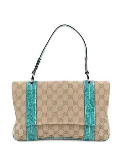 Pre-owned Gucci Vintage Flap Gg Canvas With Leather Small Shoulder Bag In Green