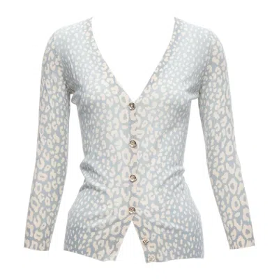 Pre-owned Gucci Vintage Green Blue Leopard Print Cashmere Silk Wool Cardigan It38 Xs