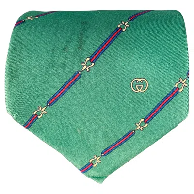 Pre-owned Gucci Vintage Green Red Horsebit Diagonal Stripe Silk Tie