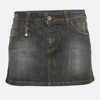 Pre-owned Gucci Vintage Grey Denim Logo Charm Mini Skirt M In Gray