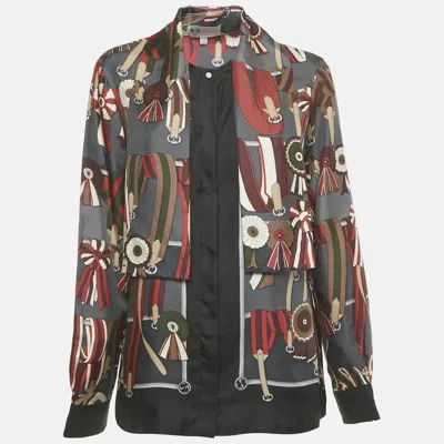 Pre-owned Gucci Vintage Grey Printed Silk Neck Tie Detail Blouse L In Gray