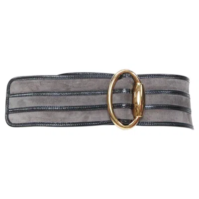 Pre-owned Gucci Vintage Grey Suede Leather Trim Oval Gold Buckle Wide Waist Corset Belt In Gray