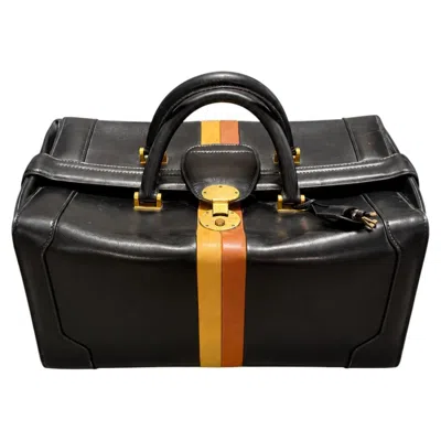 Pre-owned Gucci Vintage  Black Leather Travel Bag With Yellow And Orange Stripe, Italy, Cir