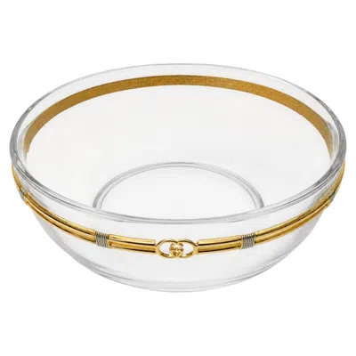 Pre-owned Gucci Vintage  Glass Bowl With Gold-tone Gg Accents In Gray