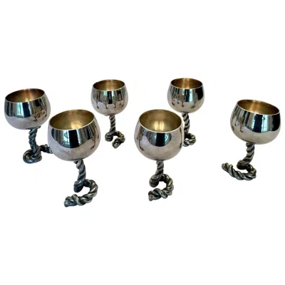 Pre-owned Gucci Vintage  Italy Wine Goblets In Silver-plate Rope Design, Marked