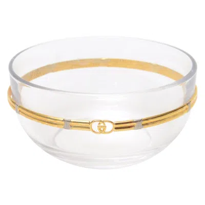 Pre-owned Gucci Vintage  Small Glass Bowl With Brass And Silver Detail With Gg's, Italy In White