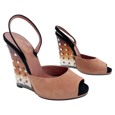 Pre-owned Gucci Vintage  Tan Suede Swarovski Crystal Lucite Wedge Slingback Sandals It 37.5 In Brown