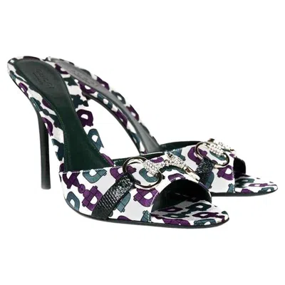 Pre-owned Gucci Vintage  White Printed Satin Sandals W/ Crystal Horsebit 9.5 – 39.5 Nwt