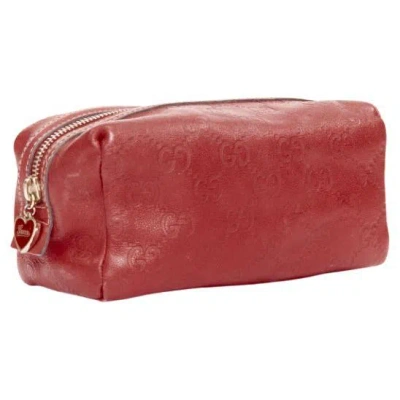 Pre-owned Gucci Vintage Ssima Red Leather Gg Emboss Gold Heart Zip Pouch Make Up Bag