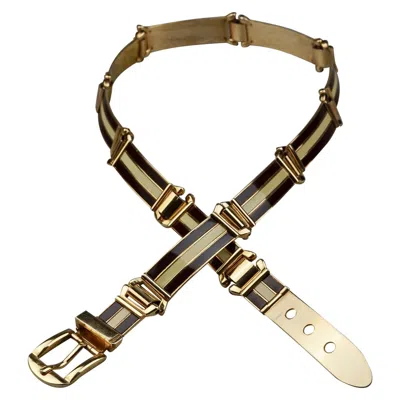 Pre-owned Gucci Vintage Iconic  Gold Enamel Buckle Belt In Brown
