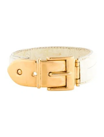 Pre-owned Gucci Vintage Leather Buckle Bracelet, 6.75" In White
