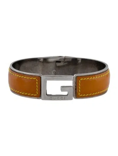 Pre-owned Gucci Vintage Patent Leather G Hinge Bangle Bracelet, 7" In Brown