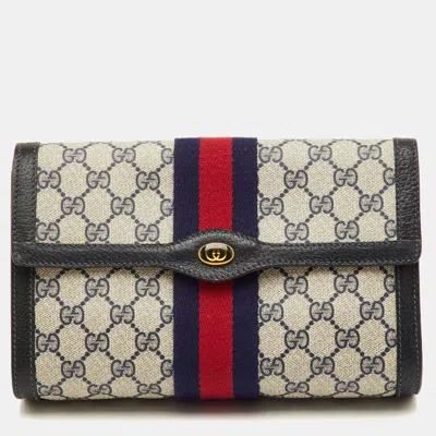 Pre-owned Gucci Vintage Sherry Line Beige/navy Blue Gg Supreme Canvas And Leather Clutch In Sand