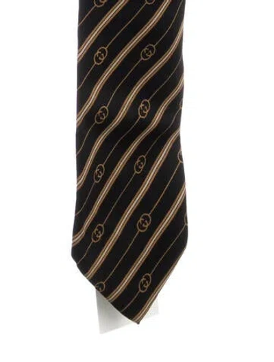 Pre-owned Gucci Vintage Silk Striped Interlocking G Tie In Black