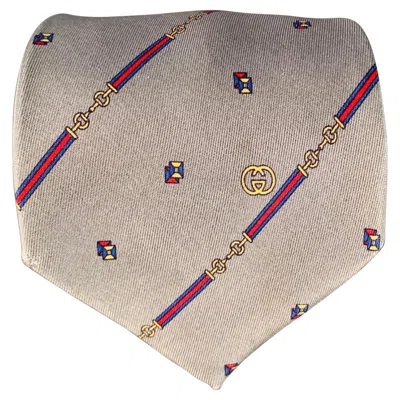 Pre-owned Gucci Vintage Slate Grey Red Horsebit Diagonal Stripe Silk Tie