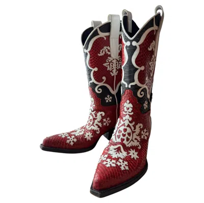 Pre-owned Gucci Vintage Spring/summer 2000 Red Python Cowboy Boots, Size 10