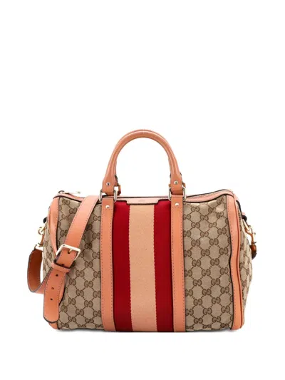 Pre-owned Gucci Vintage Web Boston Bag Gg Canvas Medium Satchel In Brown