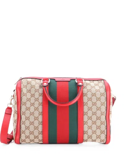 Pre-owned Gucci Vintage Web Boston Bag Gg Canvas Medium Satchel In Brown