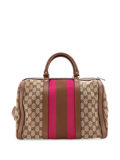 Pre-owned Gucci Vintage Web Boston Bag Gg Canvas Medium Satchel In Brown