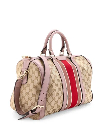 Pre-owned Gucci Vintage Web Boston Bag Gg Canvas Medium Satchel In Brown