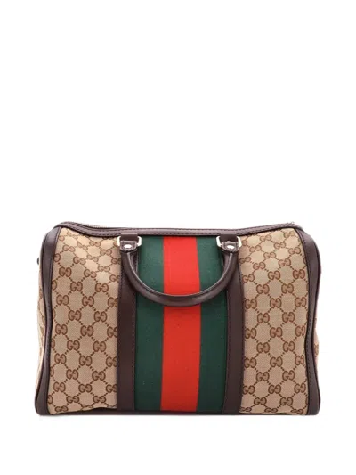 Pre-owned Gucci Vintage Web Boston Bag Gg Canvas Medium Satchel In Brown