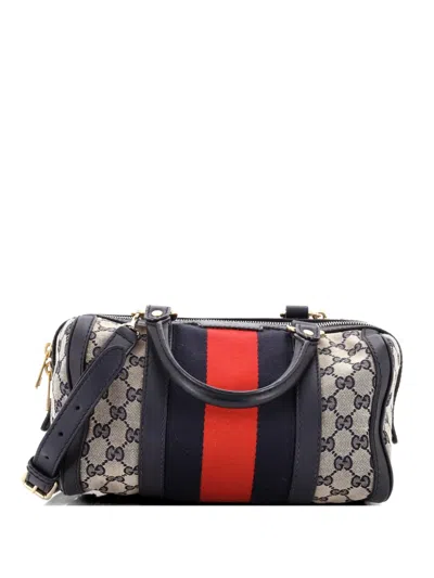 Pre-owned Gucci Vintage Web Boston Bag Gg Canvas Small Satchel In Blue