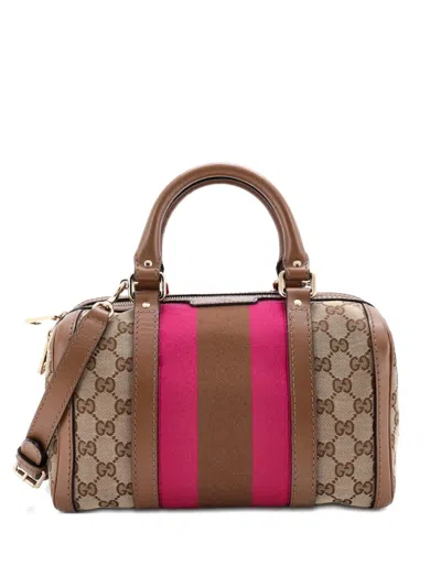 Pre-owned Gucci Vintage Web Boston Bag Gg Canvas Small Satchel In Neutral