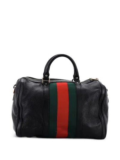 Pre-owned Gucci Vintage Web Boston Bag Leather Medium Satchel In Black