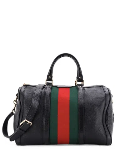 Pre-owned Gucci Vintage Web Boston Bag Leather Medium Satchel In Black