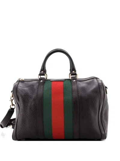 Pre-owned Gucci Vintage Web Boston Bag Leather Medium Satchel In Brown