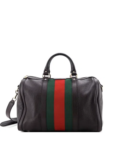 Pre-owned Gucci Vintage Web Boston Bag Leather Medium Satchel In Brown