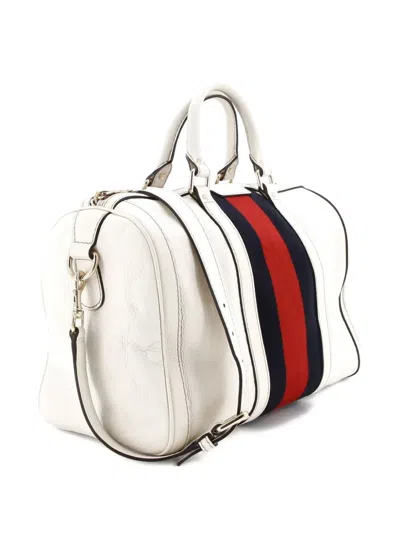 Pre-owned Gucci Vintage Web Boston Bag Leather Medium Satchel In White