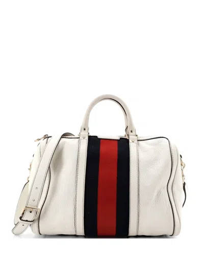 Pre-owned Gucci Vintage Web Boston Bag Leather Medium Satchel In White