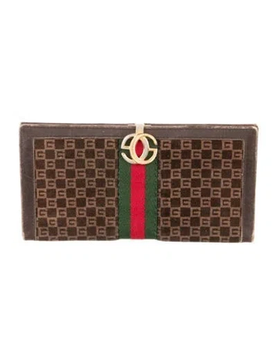 Pre-owned Gucci Vintage Web Checkbook Cover Continental Wallet Continental Wallet In Brown