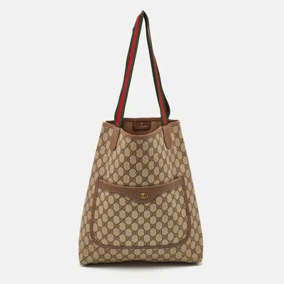 Pre-owned Gucci Vintage Web Sherry Line Beige/brown Gg Supreme Canvas Tote In Sand