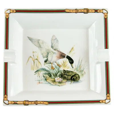 Pre-owned Gucci Vintage White Porcelain Large Square Ashtray Ducks Theme