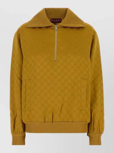 Gucci Viscose Blend Polo Shirt Ribbed Cuffs Pockets In Brown