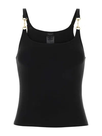 Gucci Viscose Crepe T-shirt With Two Thin Shoulder Straps And Morsetto Detail In Black